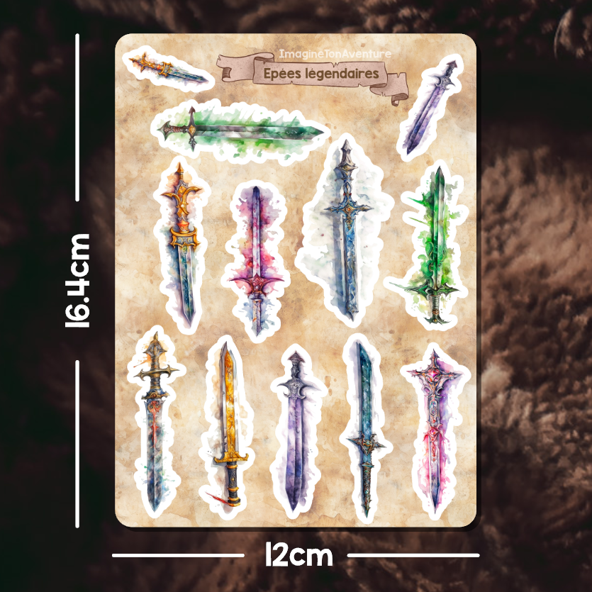 Planche d'autocollants mats Epées légendaires